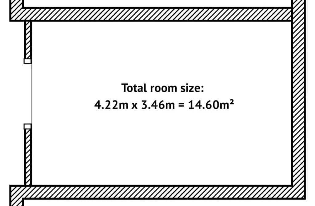 Calculating the size in metres squared of a rectangular room by multiplying length and width measurements