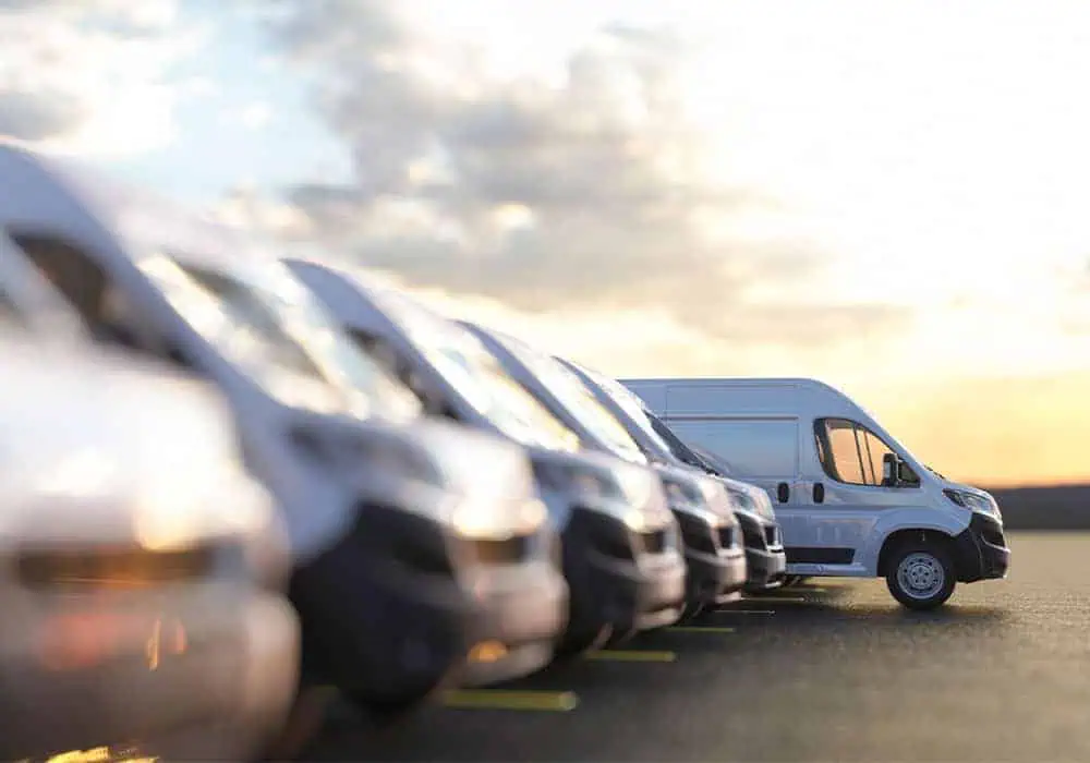 White delivery vans lined up in a yard