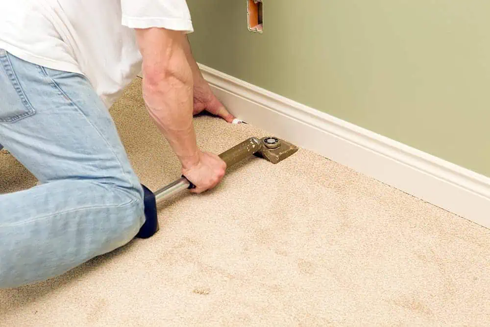 Carpet fitter using a knee kicker to stretch a carpet onto gripper