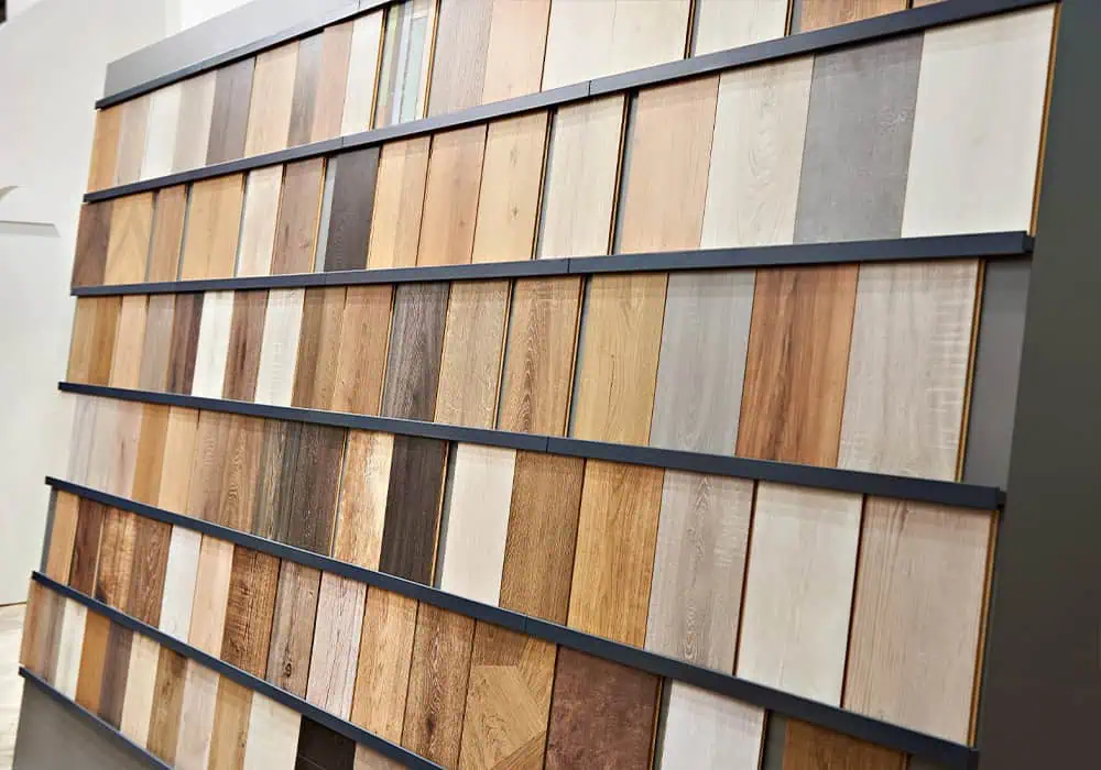 A wall of laminate flooring samples