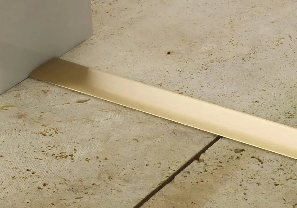 T bar door strip in satin brass transitioning from tile to tile