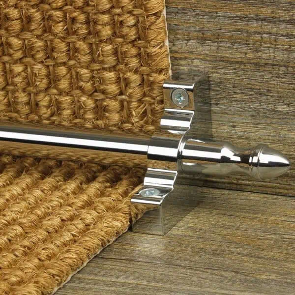 Homepride Stair Carpet Runner Rod in Chrome with a sisal carpet on wooden stairs