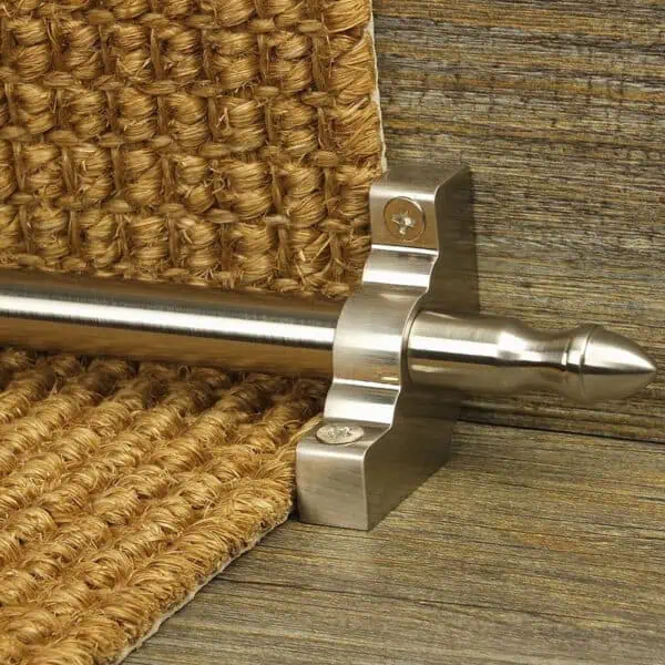 Homepride Stair Carpet Runner Rod in Satin Nickel with a sisal carpet on wooden stairs