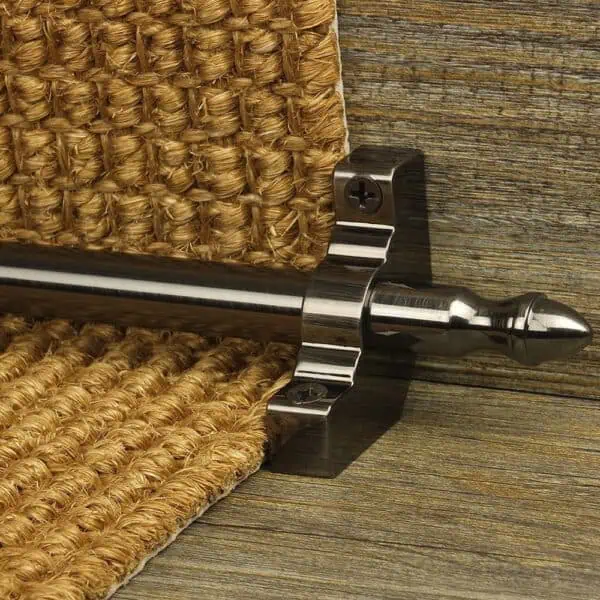 Homepride Stair Carpet Runner Rod in Pewter with a sisal carpet on wooden stairs